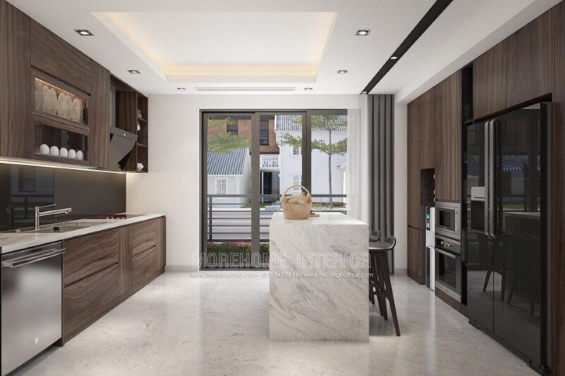 Bố trí phòng bếp hiện đại ấn tượng với nội thất gỗ công nghiệp An Cường cao cấp.