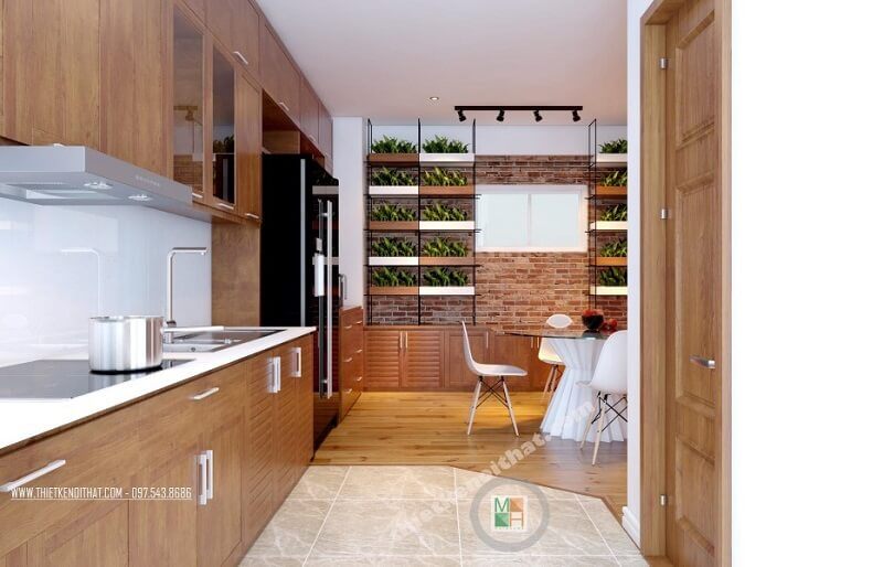 Dù thiết kế phòng bếp của chúng ta khá nhỏ, nhưng có lợi thế mở ra sân trời nên không gây cảm giác bí bách và khó chịu.