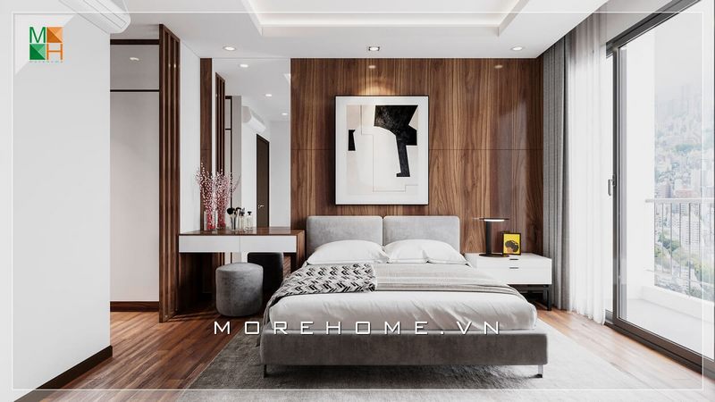Mẫu giường sofa màu xám có vẻ quý phái và phù hợp với không gian phòng ngủ trong các căn hộ, nhà phố đẹp và hiện đại.
